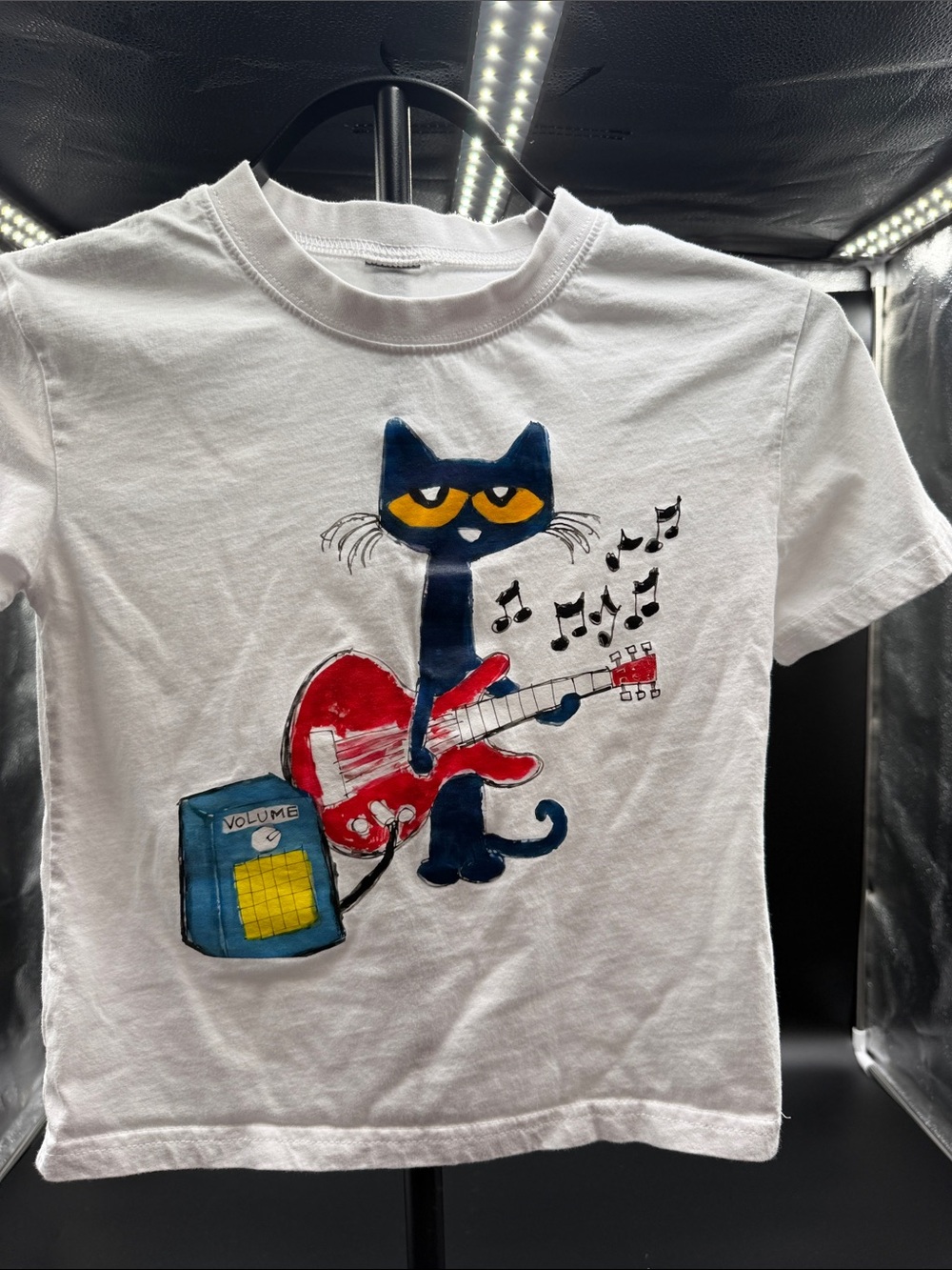White Kids Tee with Red Guitar Cat Graphic